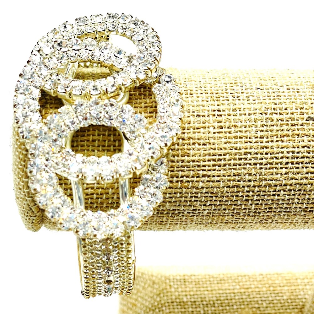 Vintage Gold Tone Rhinestone Clamper Bracelet Statement Hinged Cuff Sparkle